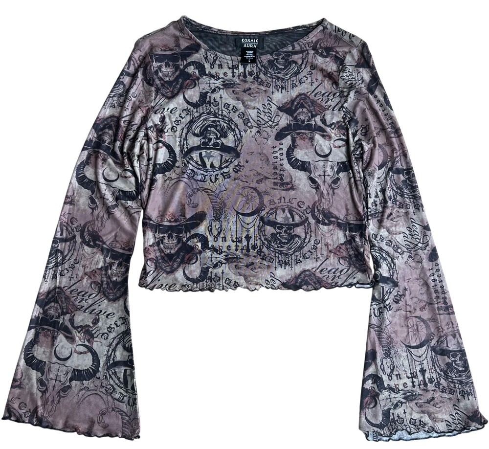 Cosmic Aura T-Shirt Womens L Brown Sheer Mesh Bell Sleeve Ruffle Top